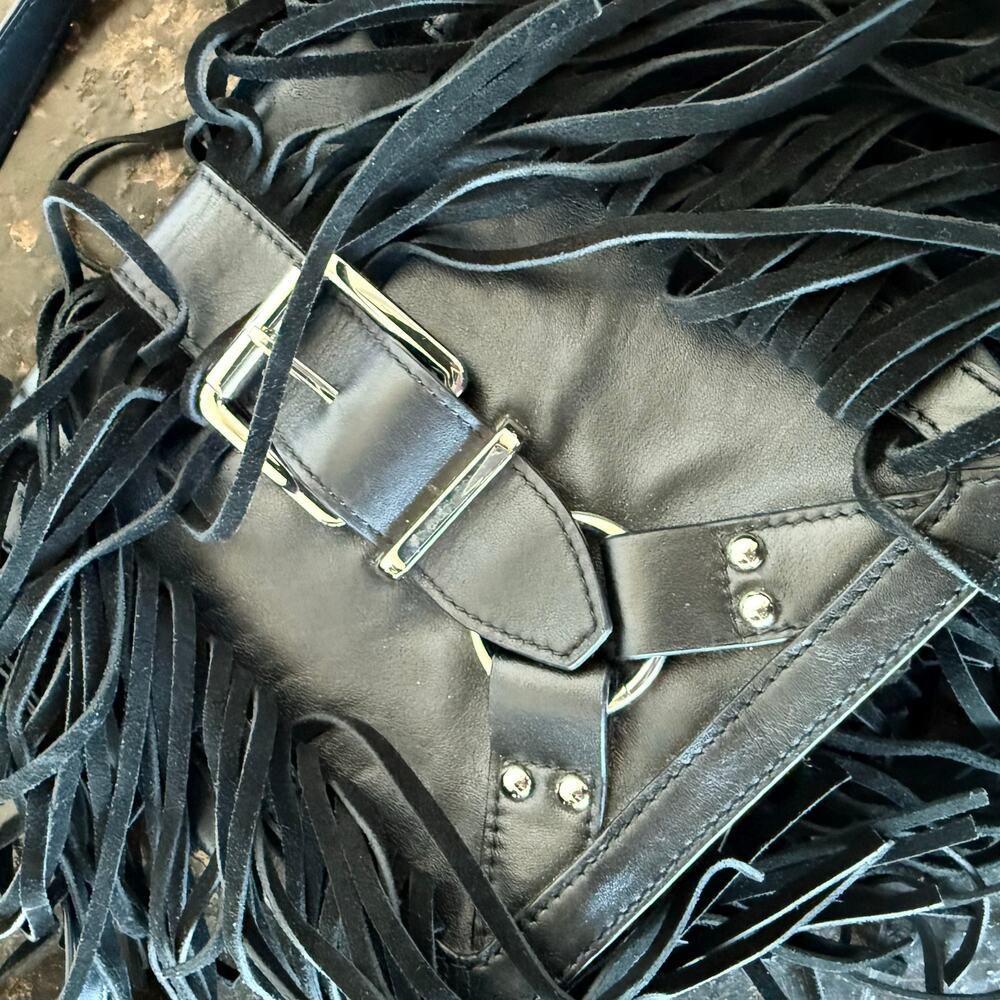 Vtg Fringe Leather Crossbody‎ Bag Y2K Joseph B Black Boho Festival Suede Purse - Picture 11 of 13